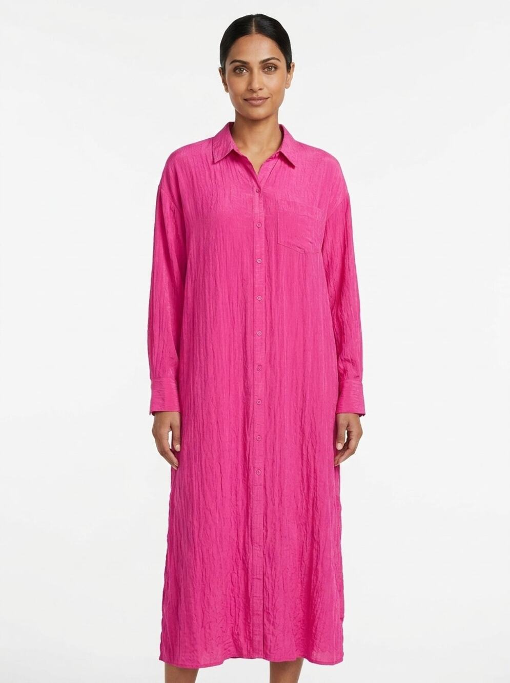 Express Portofino Hot Pink Long Sleeve Maxi Shirt Dress Women Size L